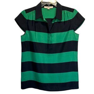LOFT Striped V-Neck Polo Blouse Emerald Green Black, Small